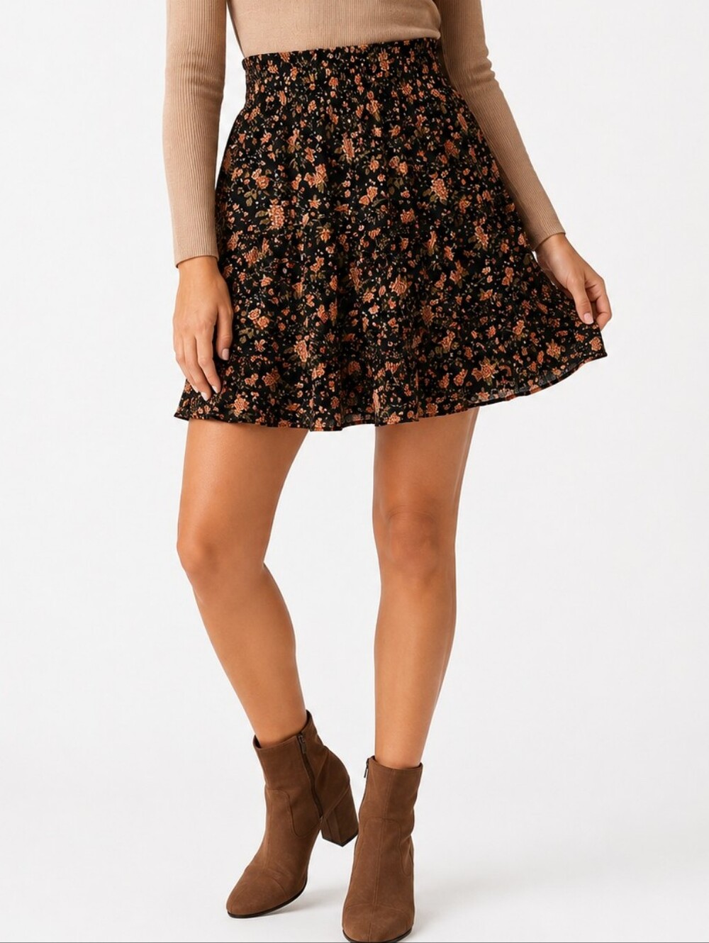 Floral Tiered Mini Skirt - Black with Peach Floral
